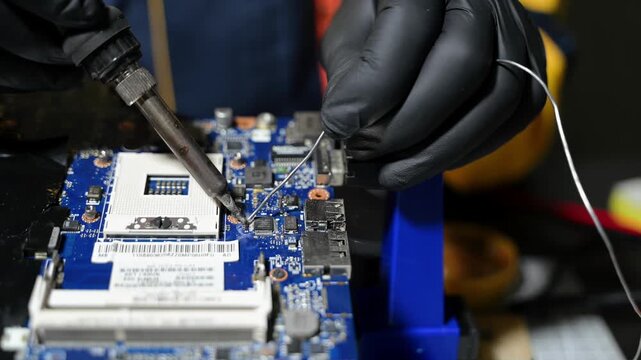 The technician is putting the CPU on the socket of the computer motherboard. electronic engineering electronic repair, electronics measuring