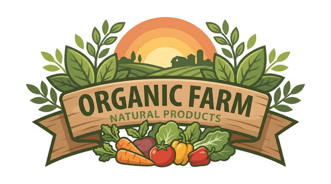 Organic farm logo displays fresh vegetables and a sunrise landscape.