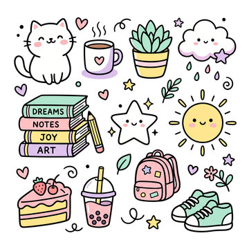 Cute Pastel Doodle Clipart Set for Journaling, Planner Stickers, Scrapbooking and Stationery Design