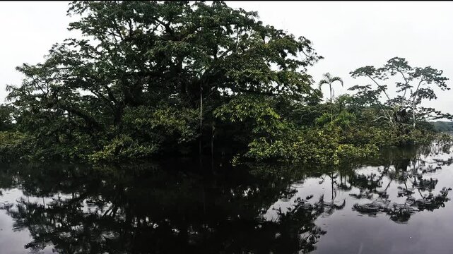 Flooded Tropical Rainforest River in Ecuador with Dense Green Banks, Dark Water Reflections, Overcast Sky and Remote Amazon Wilderness Landscape