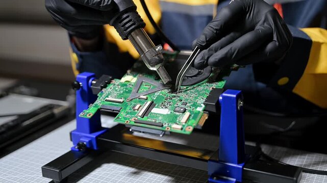 Closeup of expert soldering a green PCB board using precision tools. Ideal for electronics, circuit repair, engineering, tech