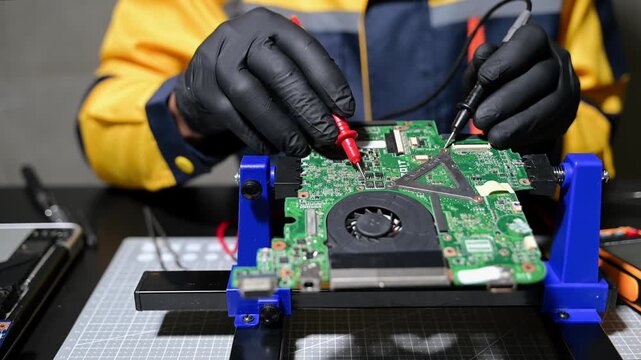 Closeup of expert soldering a green PCB board using precision tools. Ideal for electronics, circuit repair, engineering, tech