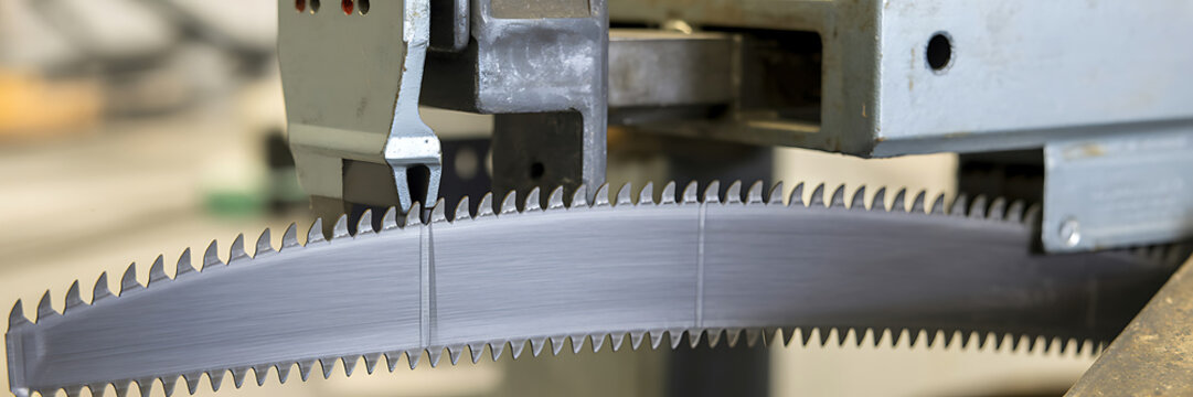 Close-up of a long, curved metal saw blade with sharp teeth on a machine in a workshop 