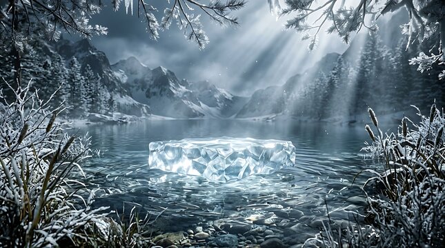Mystical glowing crystal platform floating on a serene dark forest lake with ethereal light beams