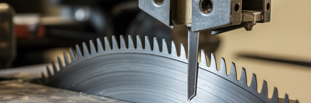 Close-up of sharp metal circular saw blade teeth with a metal guide in a workshop setting