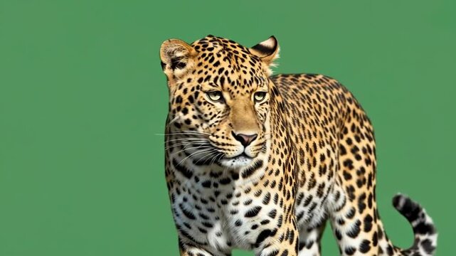 A majestic leopard standing calmly against a solid green background