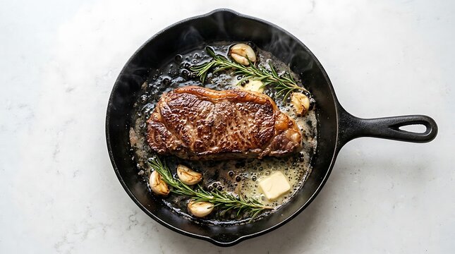 Juicy ribeye steak cooking in a hot cast iron skillet with garlic and fresh rosemary herbs for dinner. Steak cooking tips