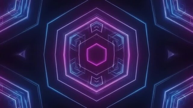 Abstract purple and blue neon light patterns in a geometric hexagonal design