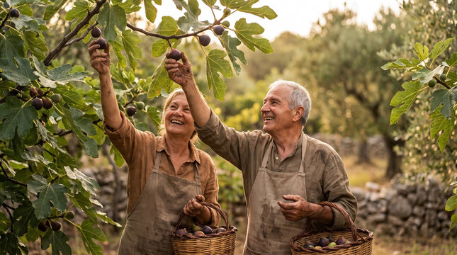 Smiling Elderly Couple Harvesting Ripe Figs in a Rural Orchard for Sustainable Agriculture Blogs, Healthy Eating Websites, and Mediterranean Lifestyle Content