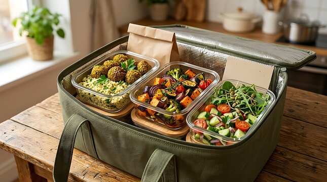 Healthy food in glass containers inside an insulated delivery bag on a wooden table in the kitchen. plant-based delivery options