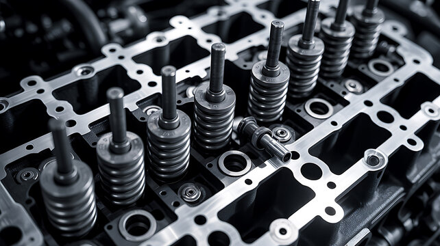 Detailed close-up of an internal combustion engine cylinder head with springs and metal components 