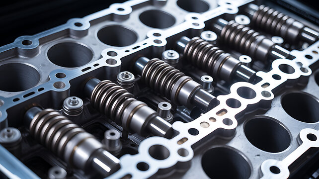 Detailed close up of a diesel engine cylinder head with multiple metal valves and springs 