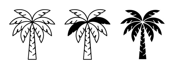 Palm Tree Icons Set: Outline, Silhouette, and Partially Filled Vector Graphics for Tropical and Summer Themes © Tasin22