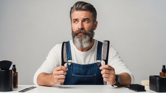Thoughtful mature barber with a stylish grey beard holding combs sitting at his workstation deciding on a haircut style