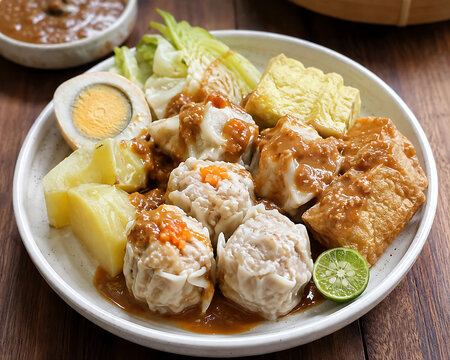 Indonesian Siomay: Steamed Fish Dumplings with Peanut Sauce, Tofu, Egg, and Cabbage - A Delicious Culinary Experience for Foodies Looking for Traditional Southeast Asian Street Food.