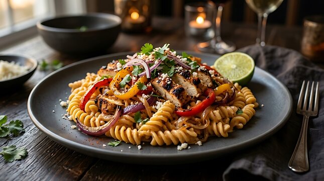 Delicious pasta dish with fresh vegetables and meat served on a dark plate for a fancy dinner meal. chicken fajita pasta