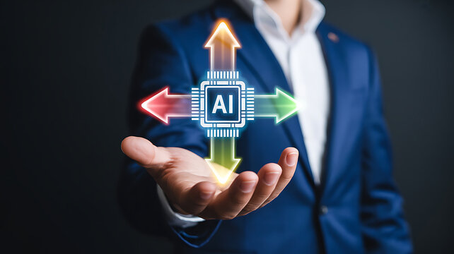 Man in blue suit holding AI chip with glowing arrows pointing in four directions
