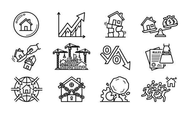 Real Estate Icons: Housing Market Trends, Investment, Growth, and Risk Icons
