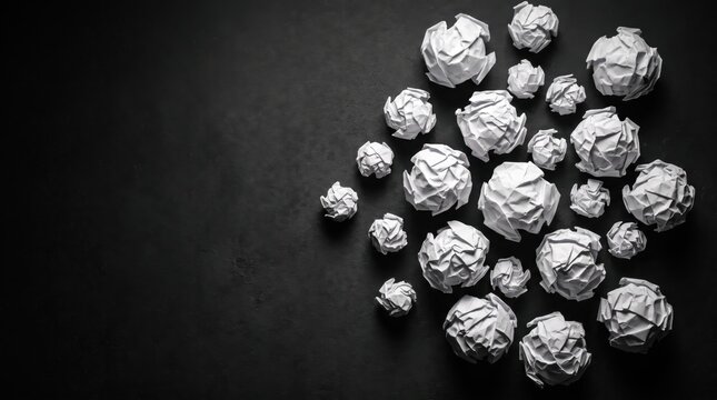 Blank crumpled paper balls scattered on dark surface with dynamic shadows for creative brainstorming visuals