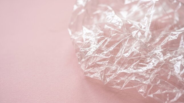 Blank crinkled cellophane wrapper with transparent layers and light reflections on soft pink background