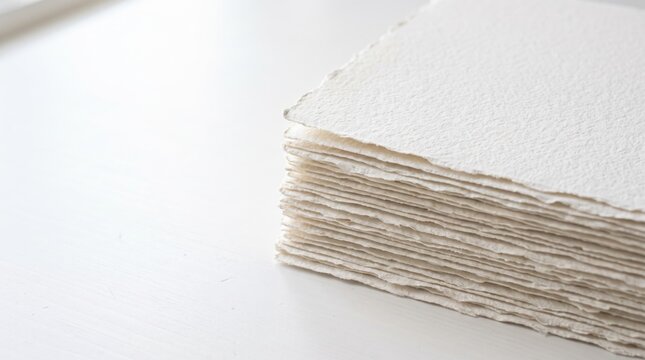 Blank watercolor paper stack with rough textured edges on white surface for artist portfolio headers