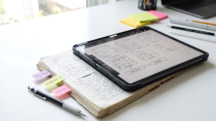 Obraz premium Tablet Notebook Sticky Notes Desk