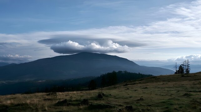 A lenticular cloud hovers above a mountain ridge under a partly cloudy sky  casting soft shadows over rolling hills and sparse trees
