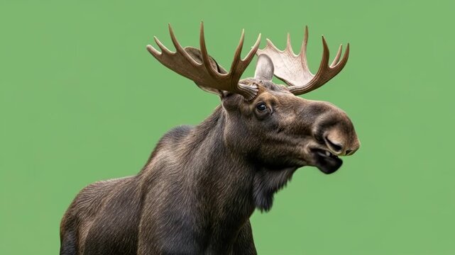 A detailed close up portrait of a majestic moose against a solid green back
