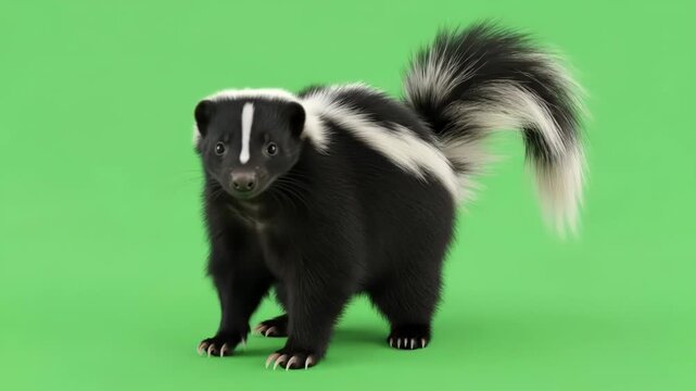 A cute black and white skunk standing and waving on a solid green background