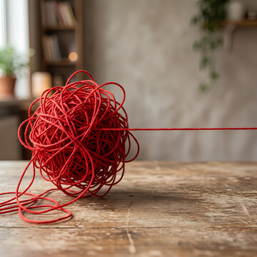 Tangled red string ball on wood surface.