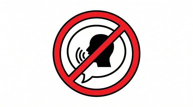 No talking sign with a red prohibition circle and a silhouette of a speaking person icon.