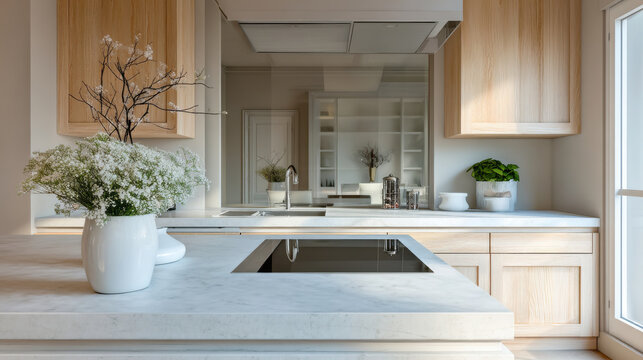 Modern kitchen with sleek white induction cooktop, marble countertop, wooden cabinet, vase with flowers, and natural light ambiance