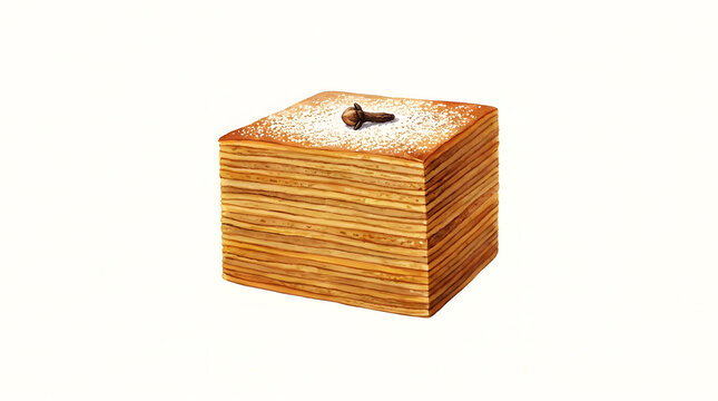 Square slice of layered lapis legit cake with clove garnish