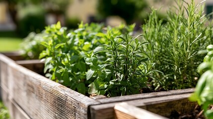 Obraz premium Fresh green herbs growing in wooden raised garden beds under bright sunlight with blurred natural background