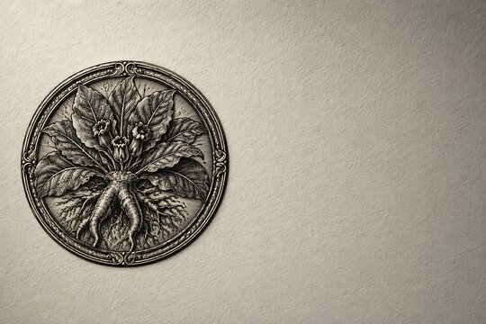Mandrake botanical engraving with ornate circular frame on antique paper