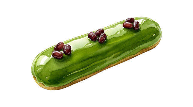 Watercolor matcha green tea eclair with red bean topping