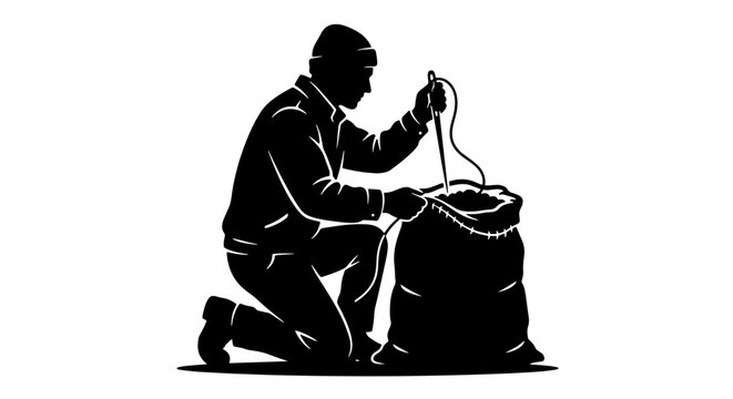 Silhouette of a Thief Kneeling, Stuffing Items into a Large Sack, Vector Illustration of Crime and Theft