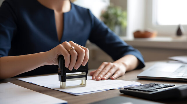 Woman in navy blue dress stamping document with black rubber stamp at office desk 