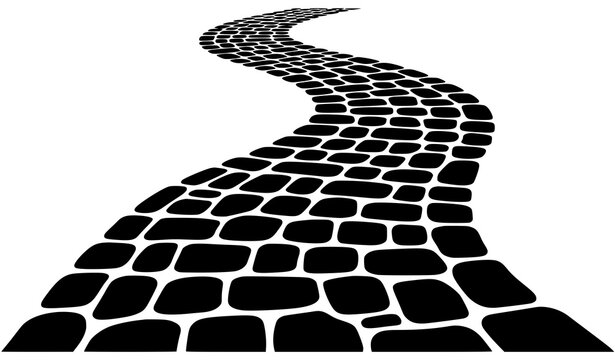 Winding cobblestone path black and white isolated minimalist vector illustration