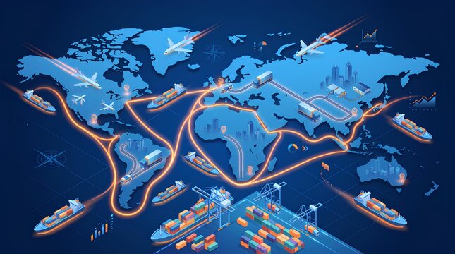 Global logistics and shipping routes on isometric world map with trade icons.