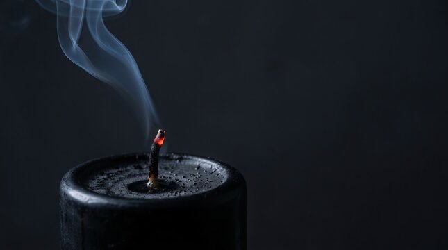 Single black candle burning with thin wisp of smoke rising against dark minimalist background representing somber moods grief mourning rituals or spiritual meditation practice.