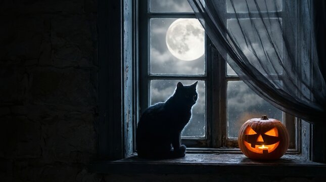 Silhouette of black cat sitting on windowsill next to glowing carved pumpkin jack o lantern against bright full moon in night sky through dark window with flowy curtains.