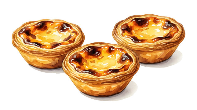Watercolor Portuguese custard tarts on white background