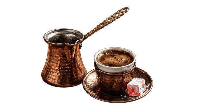 Traditional copper Turkish coffee set with delight on white background