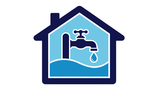 Illustration of a home water faucet within a house icon logo for utilities and housing projects.