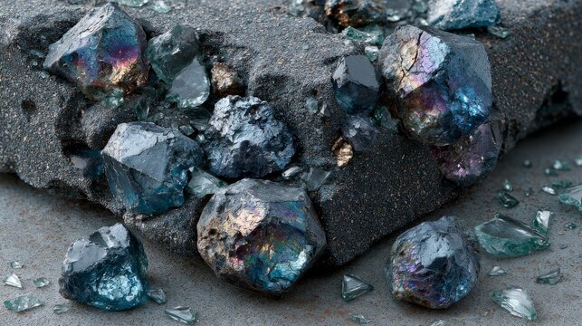 Iridescent Mineral Fragments on Textured Stone Surface