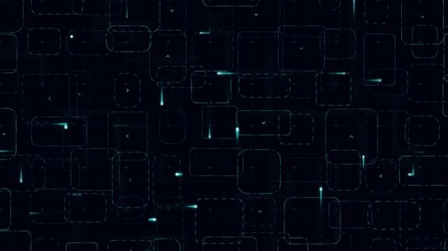 Dark digital technology background with glowing hud rectangles and floating data points high quality 4K animation interface network cyber science abstract interface high quality 4K animation