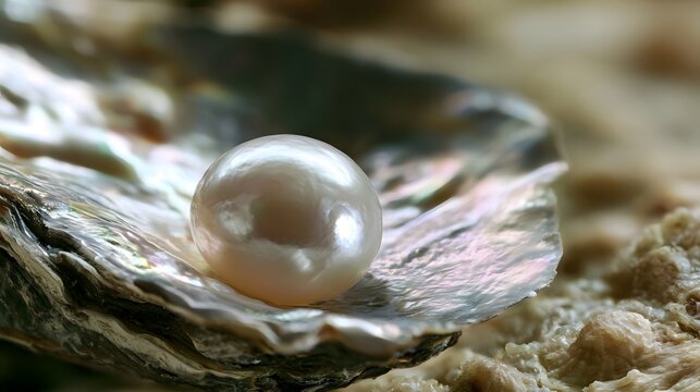 A luminous pearl rests nestled within the iridescent shell of an oyster  showcasing natural beauty and delicate craftsmanship