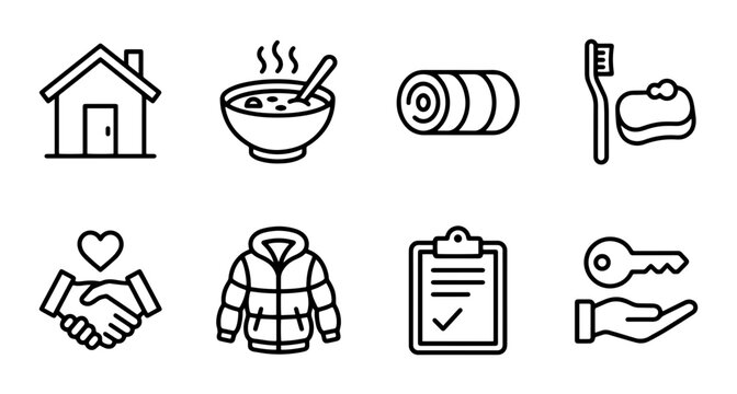 Essential icons for shelter, food, warmth, hygiene, and support outline solid styles, UI and web interface.