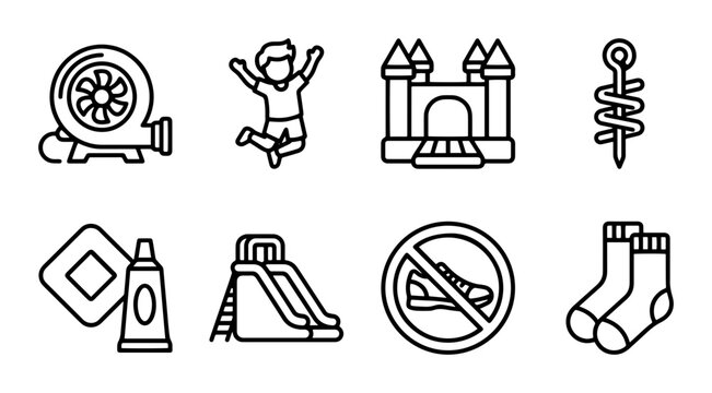 Bouncy castle and playground fun icons outline solid styles, UI and web interface.